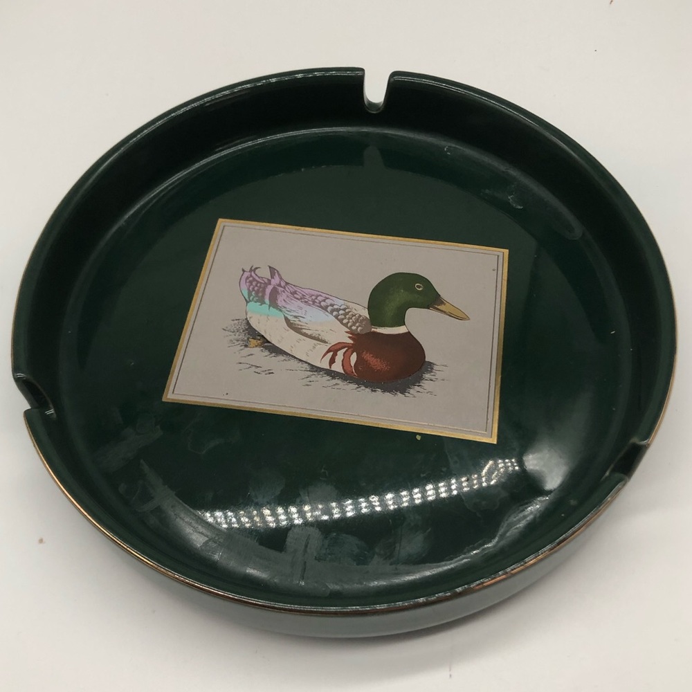 Otagiri Mallard Duck Ashtray Dark Green w/gold Trim Vintage 6.75” Japan